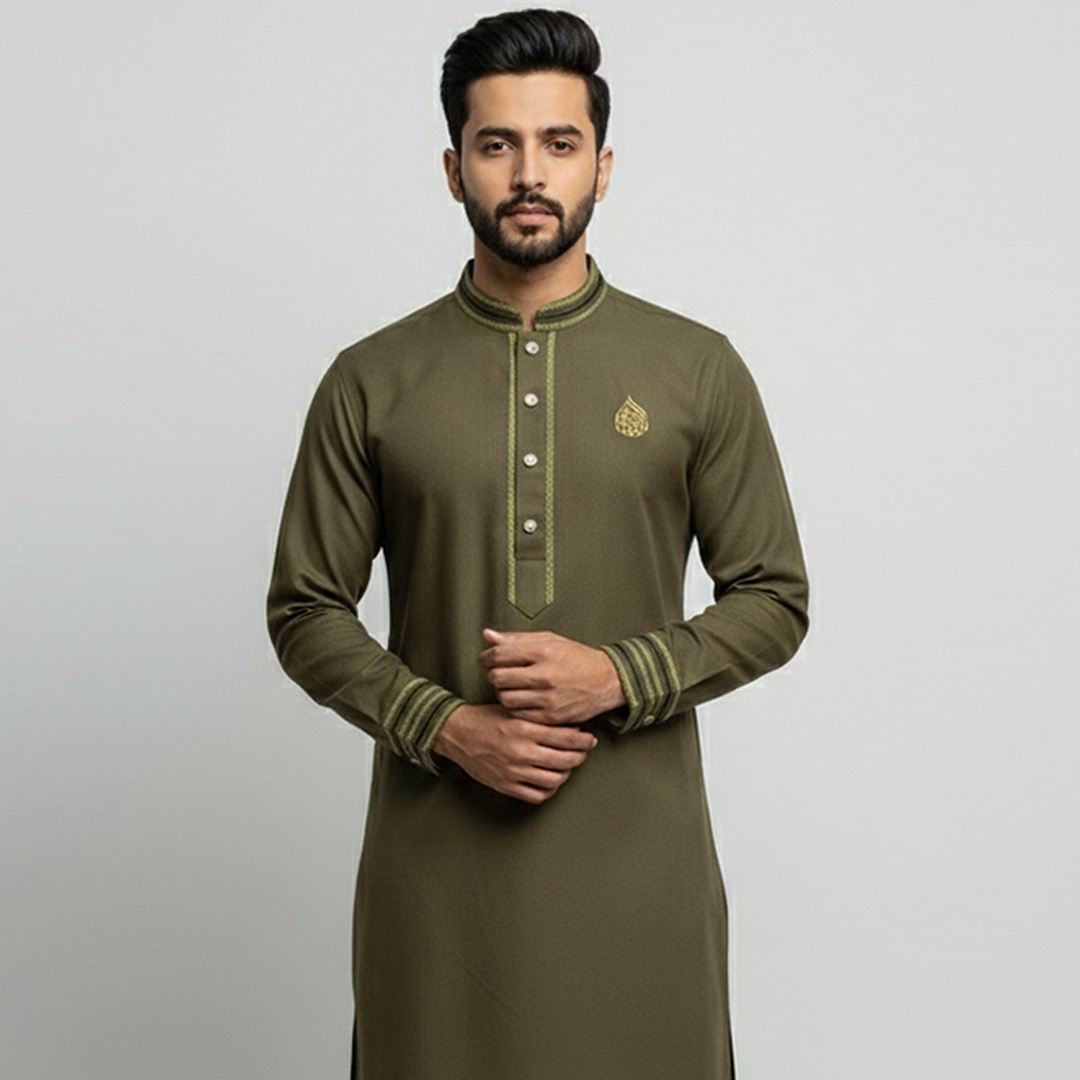 Olive Green Chelle Cotton Panjabi (exclusive)