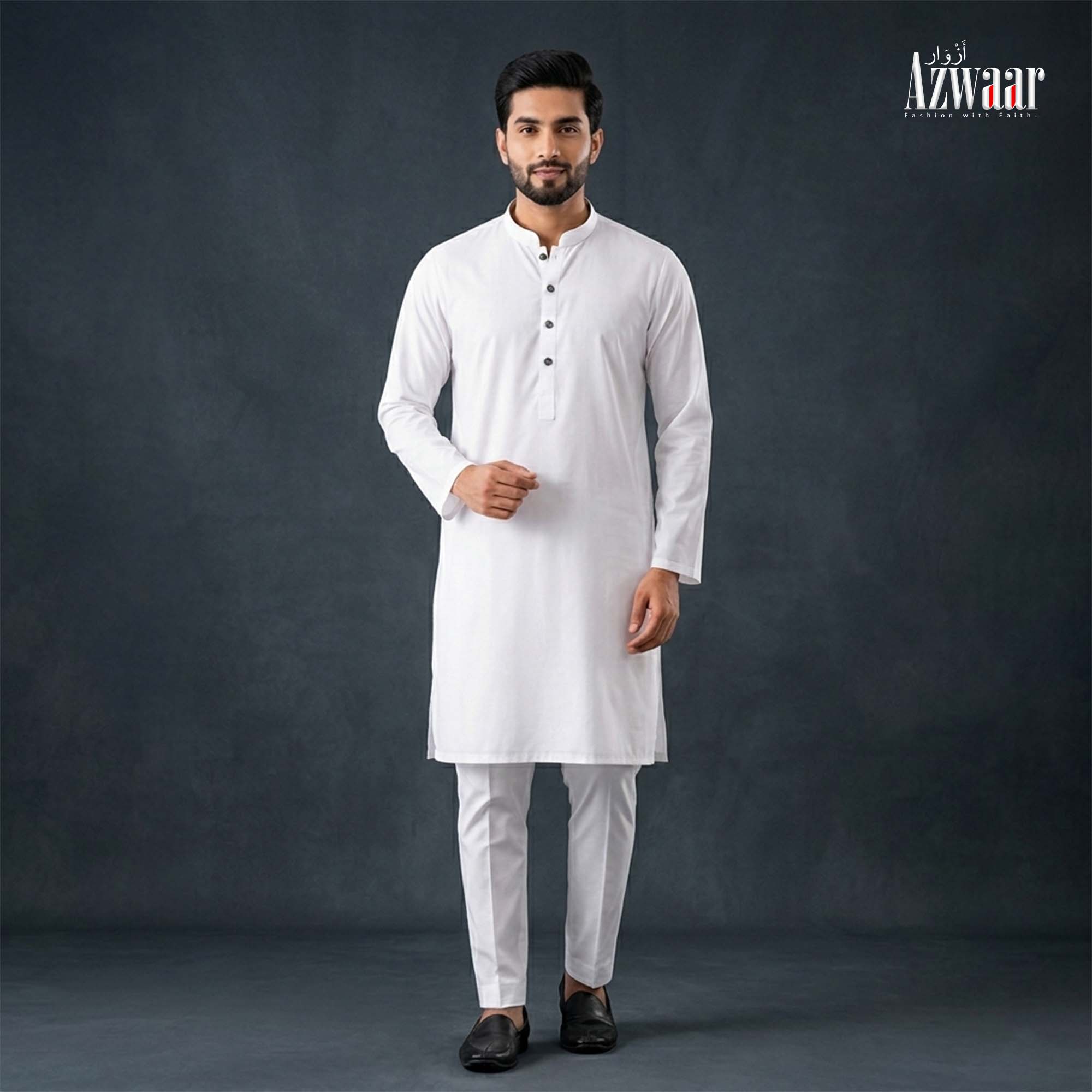 Men's solid white cotton panjabi